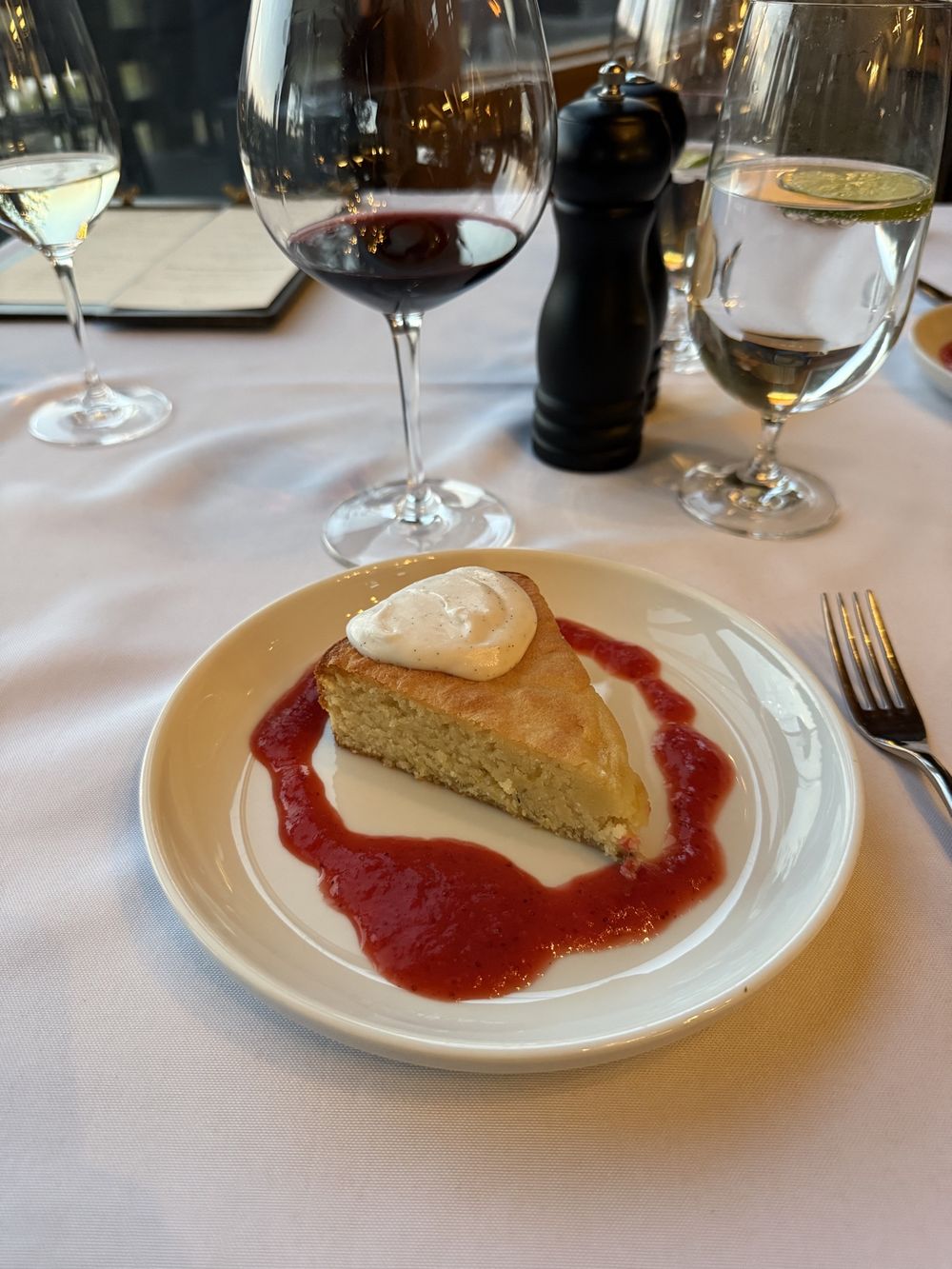 Olive oil cake dessert at dinner